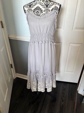 Light Grey Ruffle Midi Dress with Embroidered Hem